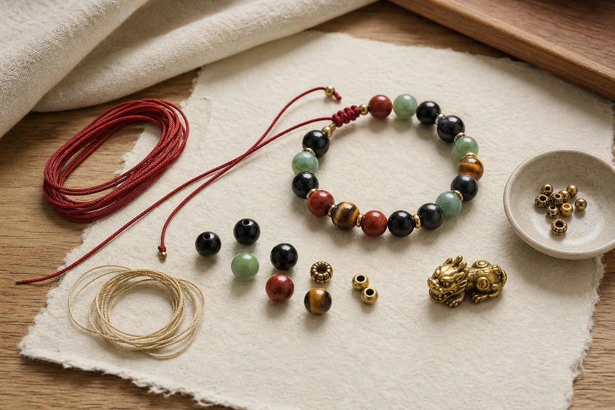 Feng shui bracelet components with beads, red cord, spacers, and charm
