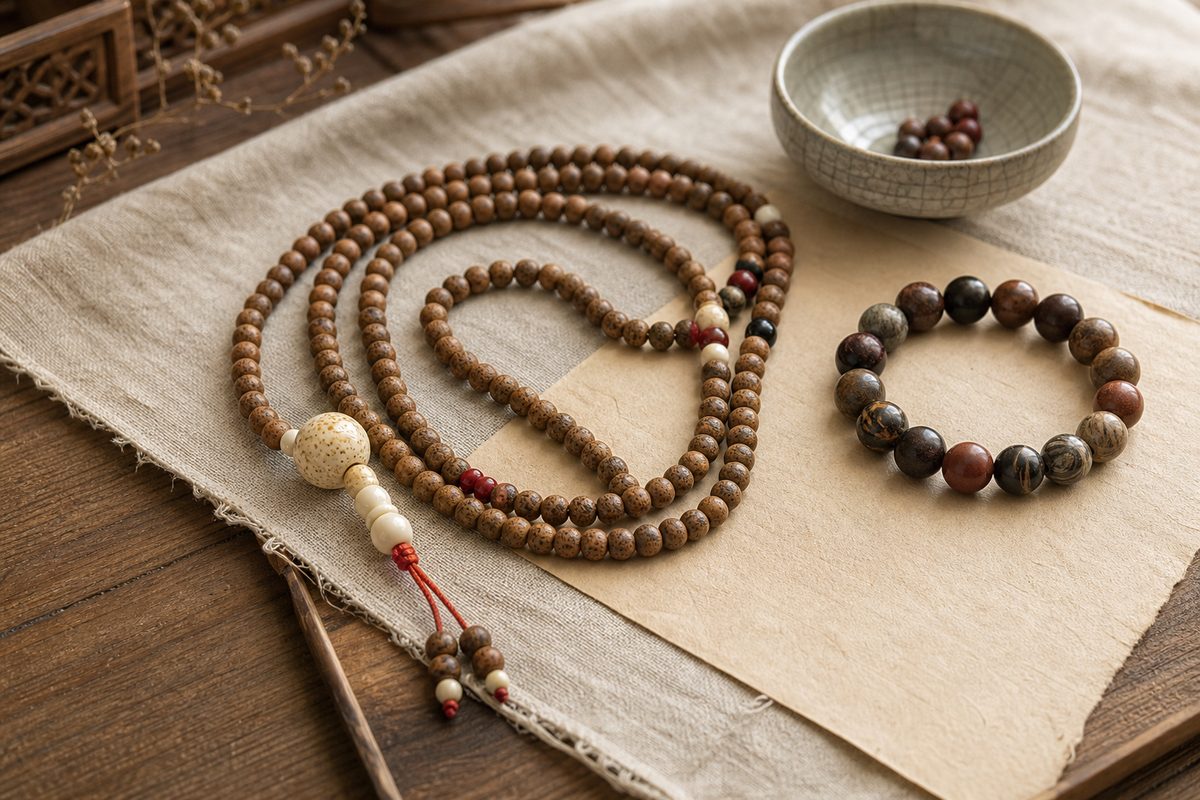 Mala style bead strand and feng shui bracelet detail on warm linen