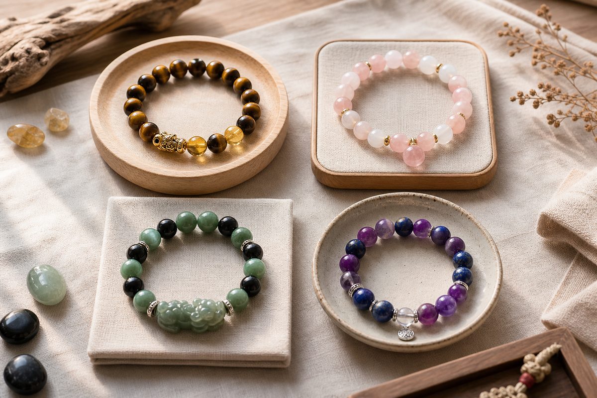 Beginner feng shui bracelet choices arranged in simple material groupings