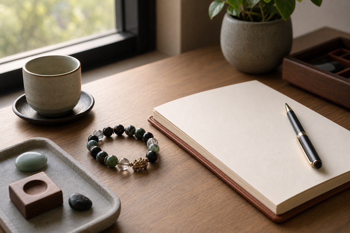 Feng shui bracelet on a tidy business desk with blank notebook and warm light