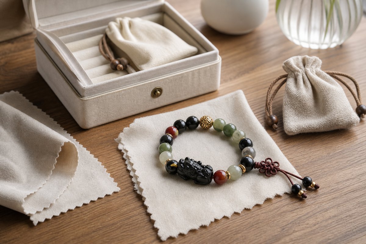 Feng shui bracelet on a soft cloth beside a neutral jewelry box for care and storage