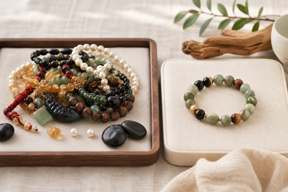 Crowded bracelet stack beside a simpler balanced feng shui bracelet arrangement