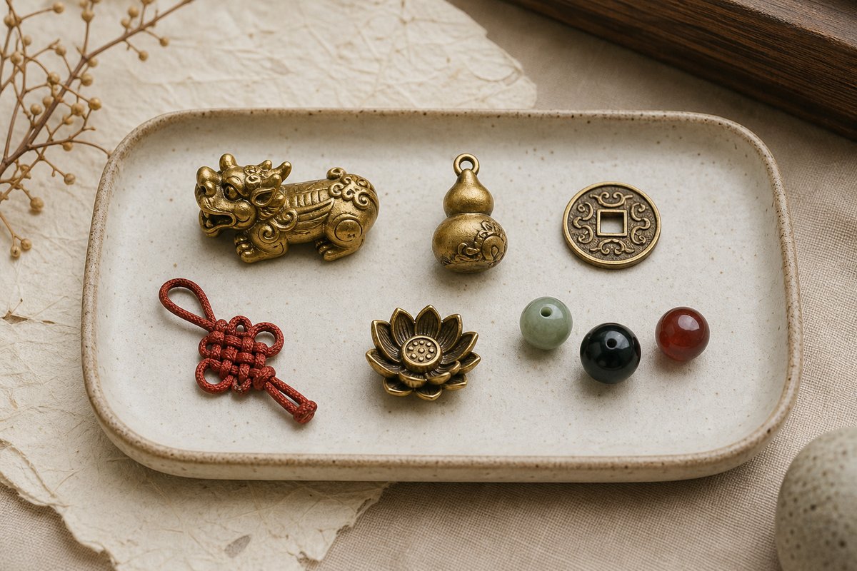 Feng shui bracelet symbols including Pixiu, gourd, coin, knot, and lotus charms