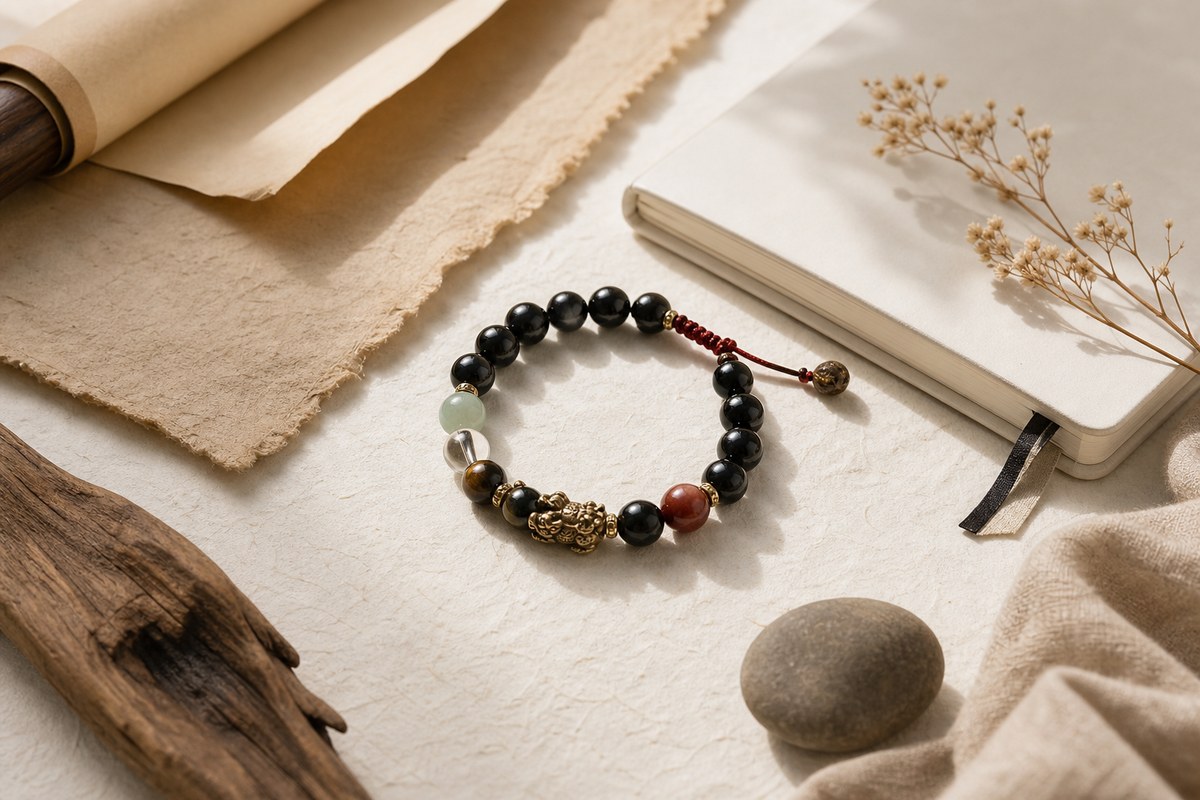 Feng shui bracelet between blank parchment and a modern notebook in warm light