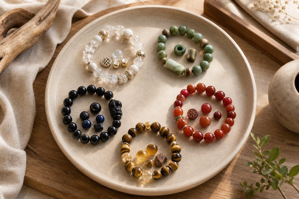 Five Elements feng shui bracelet materials arranged in muted color groups