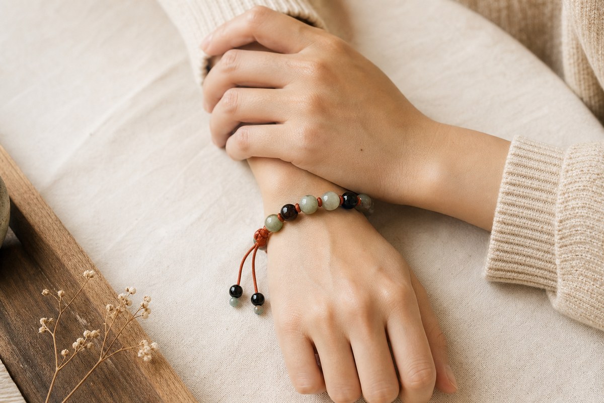 Feng shui bracelet worn on a modest wrist with warm neutral clothing