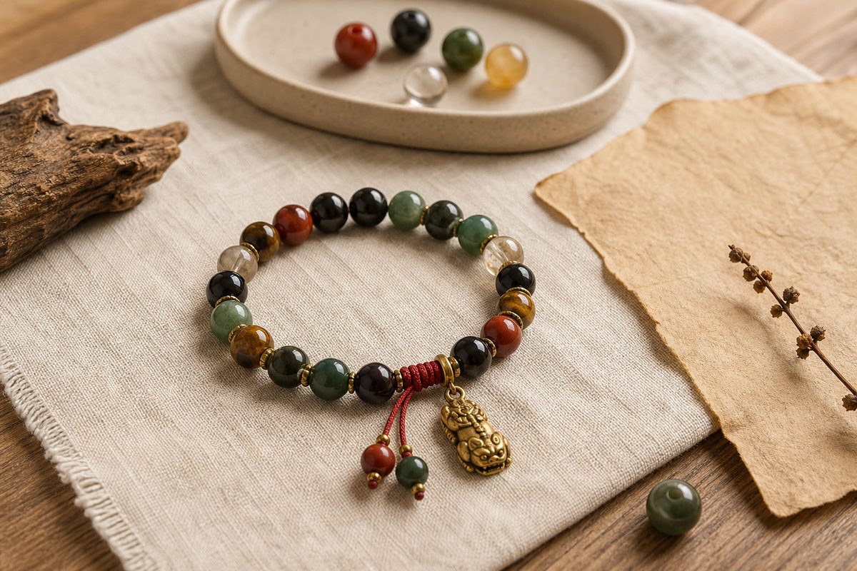 Feng shui bracelet with stone beads, red cord, and symbolic charm on warm linen