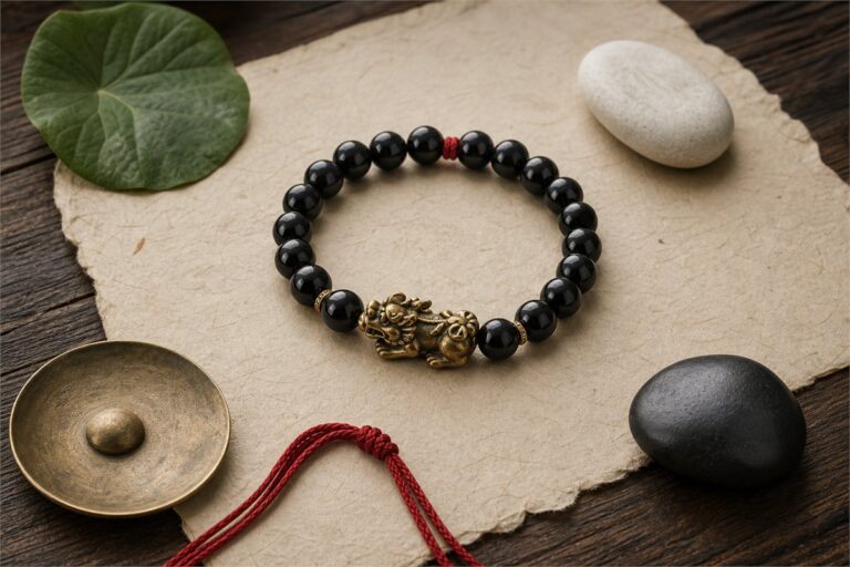 Feng shui bracelet with Pixiu, dark beads, red cord, and a compass-inspired arrangement