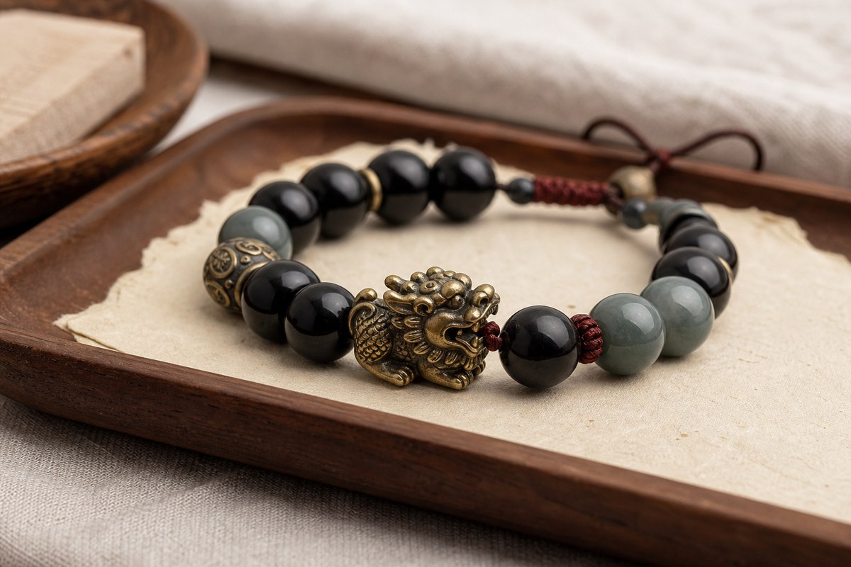 Pixiu feng shui bracelet detail with dark beads and a restrained brass charm