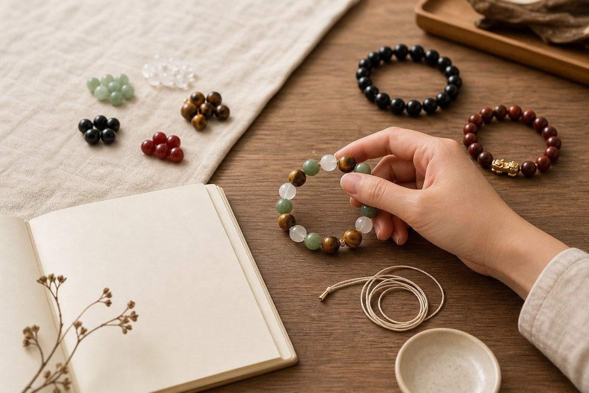 Feng shui bracelet selection with beads, blank notebook, and measuring cord