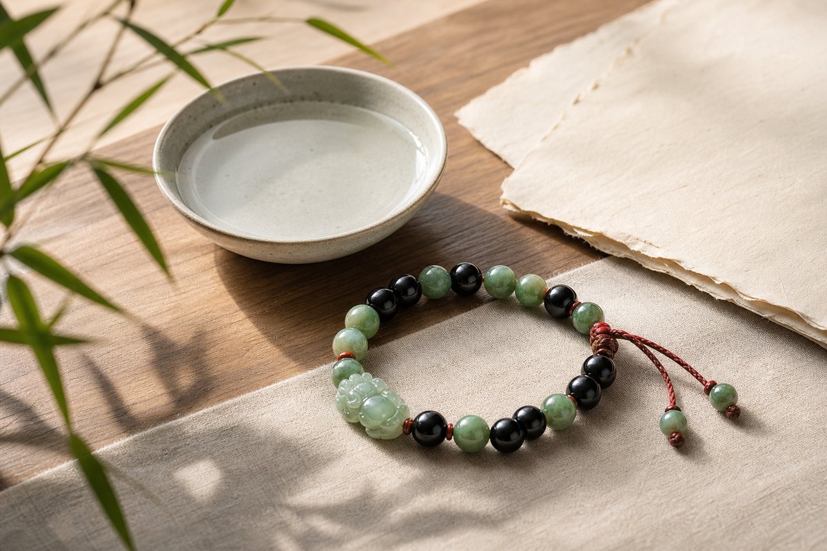 Feng shui bracelet beside a quiet water dish, parchment, and warm wood
