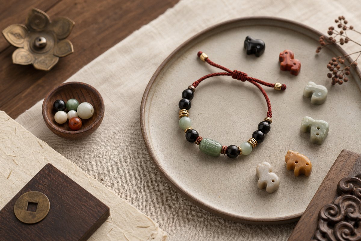 Feng shui bracelet with subtle zodiac inspired beads on warm linen
