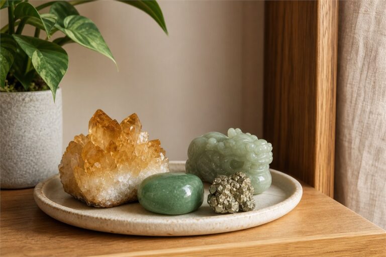 Citrine, jade, and green aventurine arranged in a calm home wealth corner