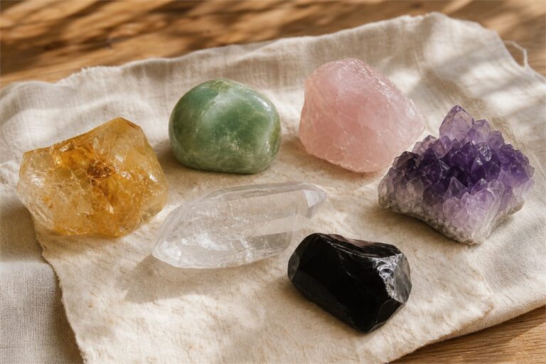 Curated feng shui crystals in green, purple, clear, yellow, pink, and black tones