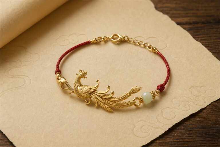 Refined Chinese Fenghuang bracelet with a gold phoenix motif and red cord