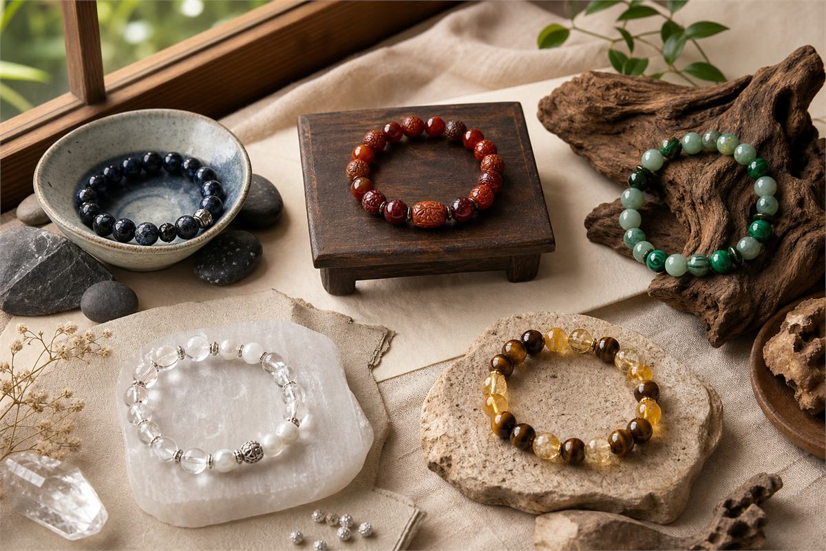Text-free five elements bracelet selection with water, fire, wood, metal, and earth color materials