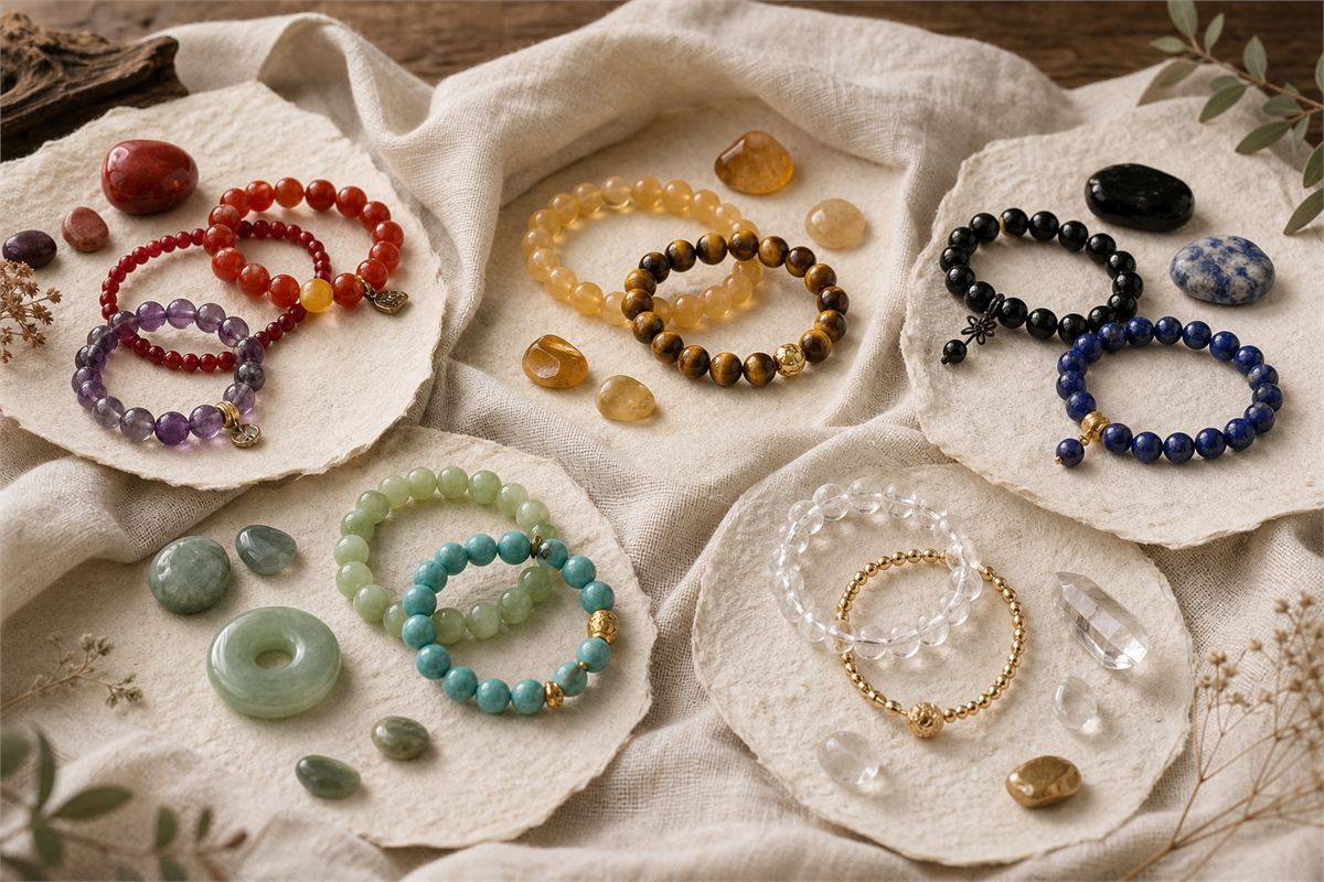Five color families of strength bracelet materials arranged for Fire, Earth, Water, Wood, and Metal symbolism