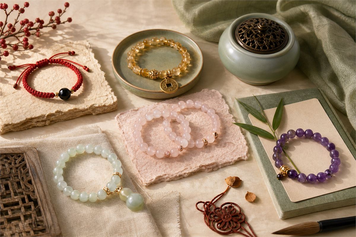 Five symbolic bracelet scenes for protection, wealth, love, health, and study or career luck