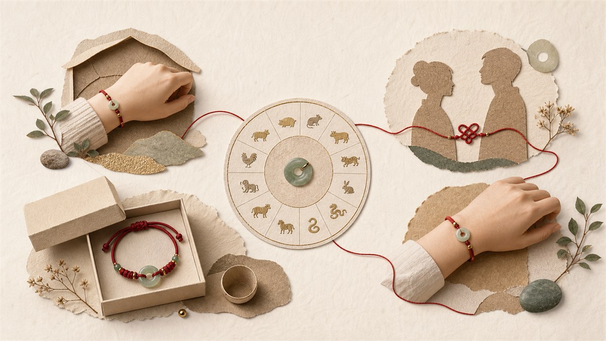 Five symbolic red string bracelet scenes representing protection, zodiac year, love, gifting, and personal expression