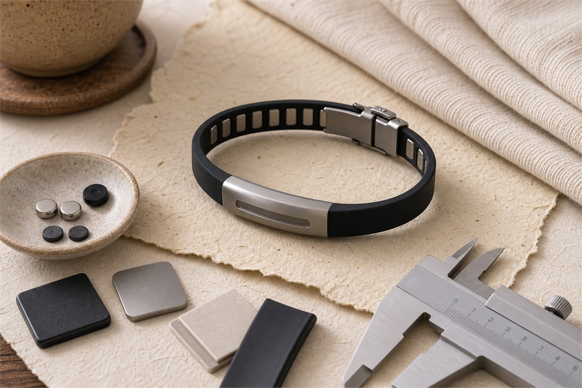 Sport-style energy bracelet with titanium color band, silicone strap, magnet-like inserts, and material checklist props