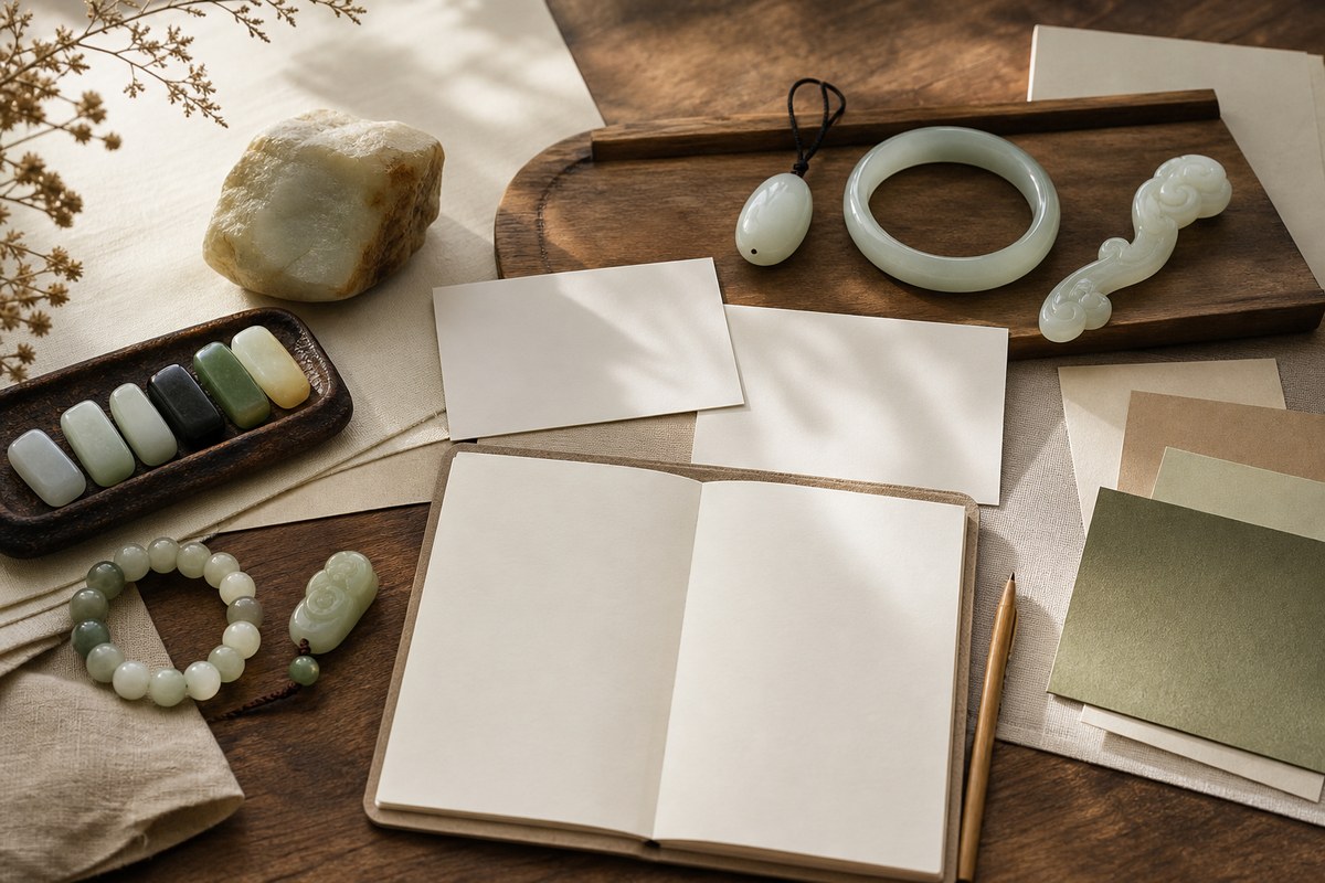 White jade pendant, bangle, ruyi carving, raw stone, and color samples around blank notebook pages