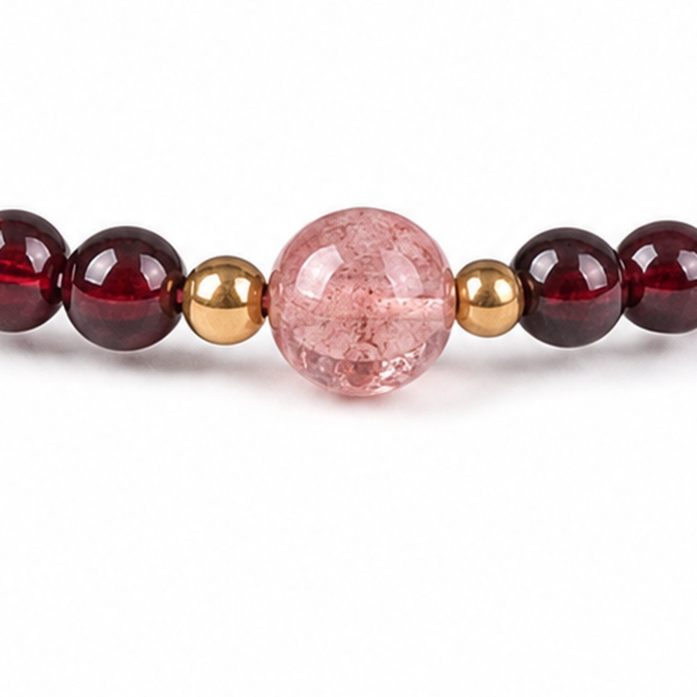 Gentle Ember Garnet & Pink Quartz Bracelet, close detail of beads, centerpiece, cord, and drop