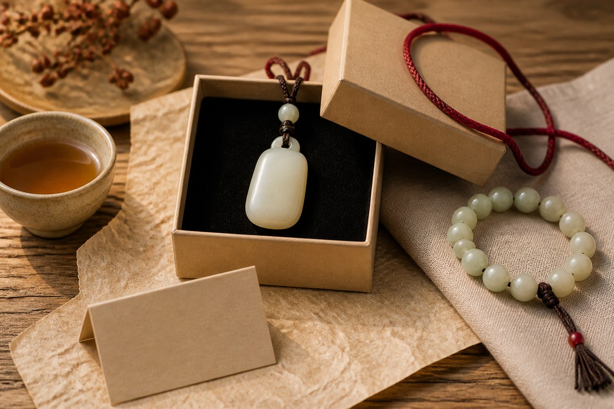 Hetian jade pendant in a simple paper gift box with jade bracelet and red cord accent