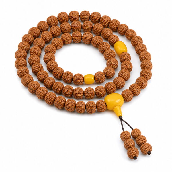 Golden Harvest 108-Bead Bodhi Seed Mala - White Background Golden Harvest 108-Bead Bodhi Seed Mala, complete 108-bead mala on pure white