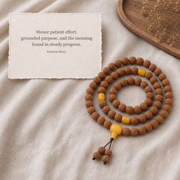 Golden Harvest 108-Bead Bodhi Seed Mala - Meaning Card Golden Harvest 108-Bead Bodhi Seed Mala, mala on premium textile with a meaning card