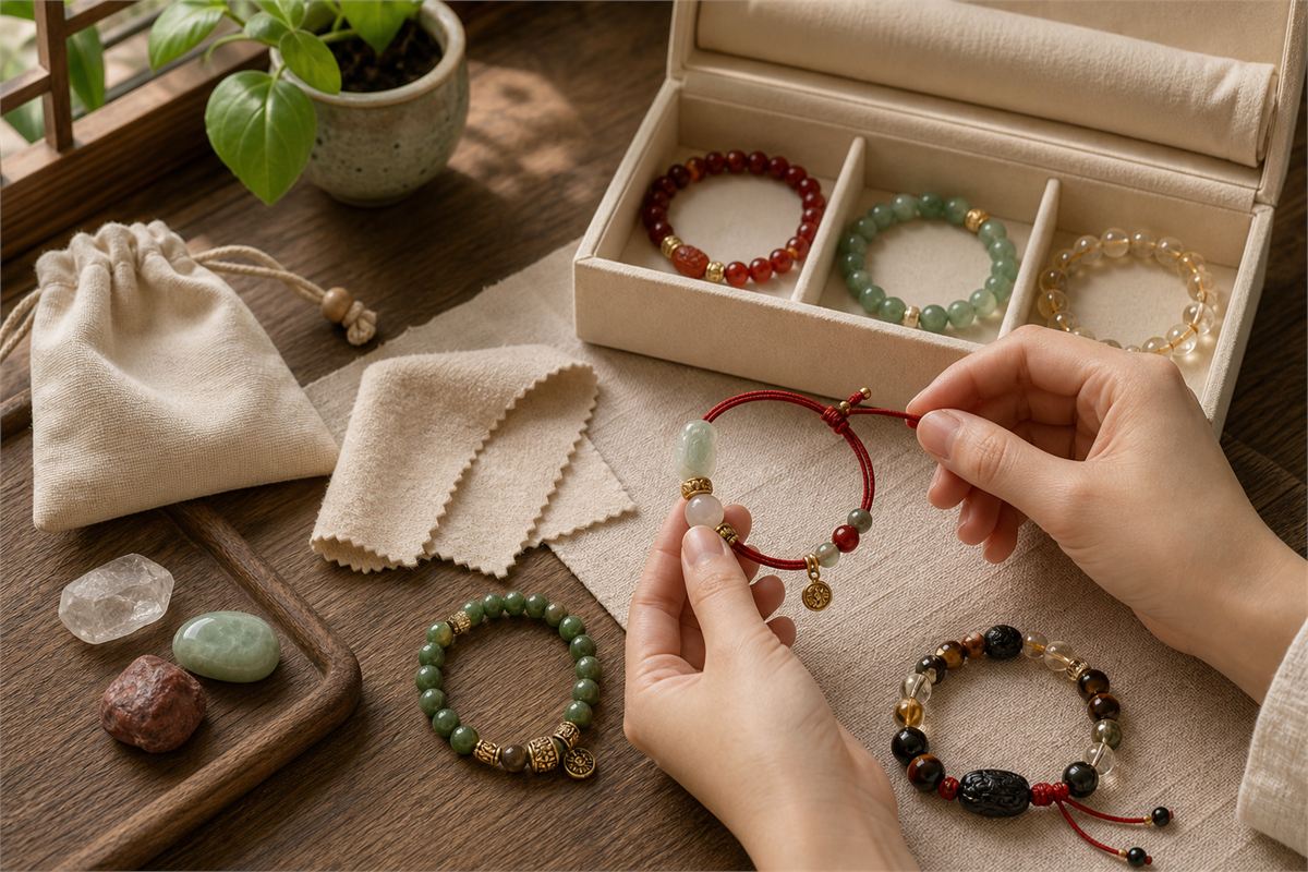 Good luck bracelets placed with soft cloth, pouch, storage box, and separated hard and soft stones