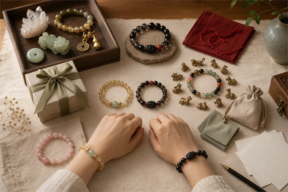 Research table with good luck bracelet materials, wrist examples, zodiac charms, care cloth, and gift box