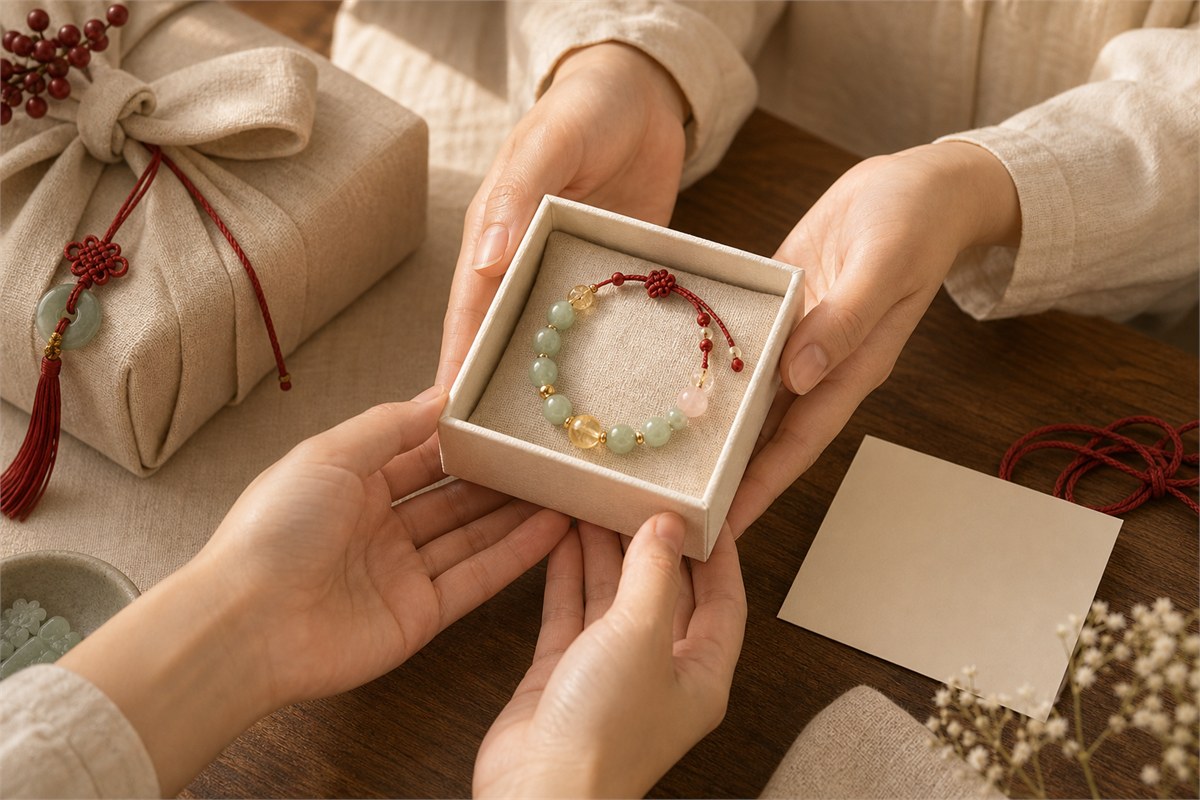Good luck bracelet in an open gift box beside a blank card and two hands offering it