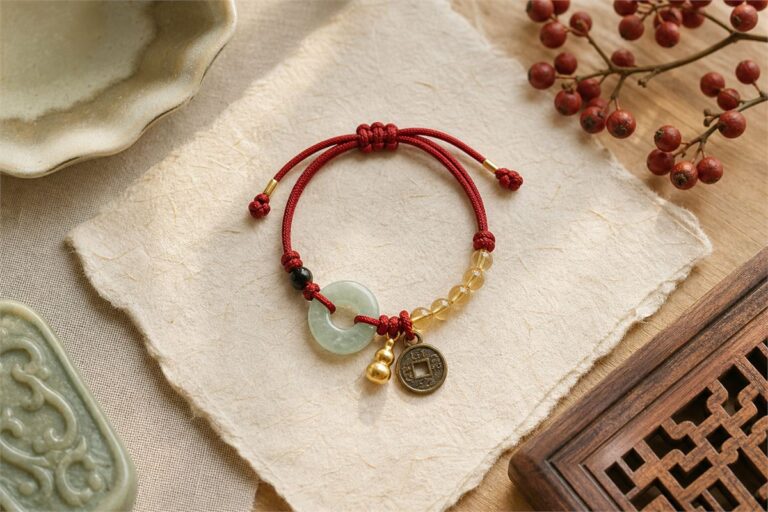 Red cord, jade, citrine, coin, gourd, and protective bead bracelets arranged on handmade paper