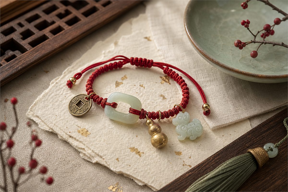 Chinese good luck bracelet elements including red cord, jade, knots, coins, gourd, and zodiac charm on parchment