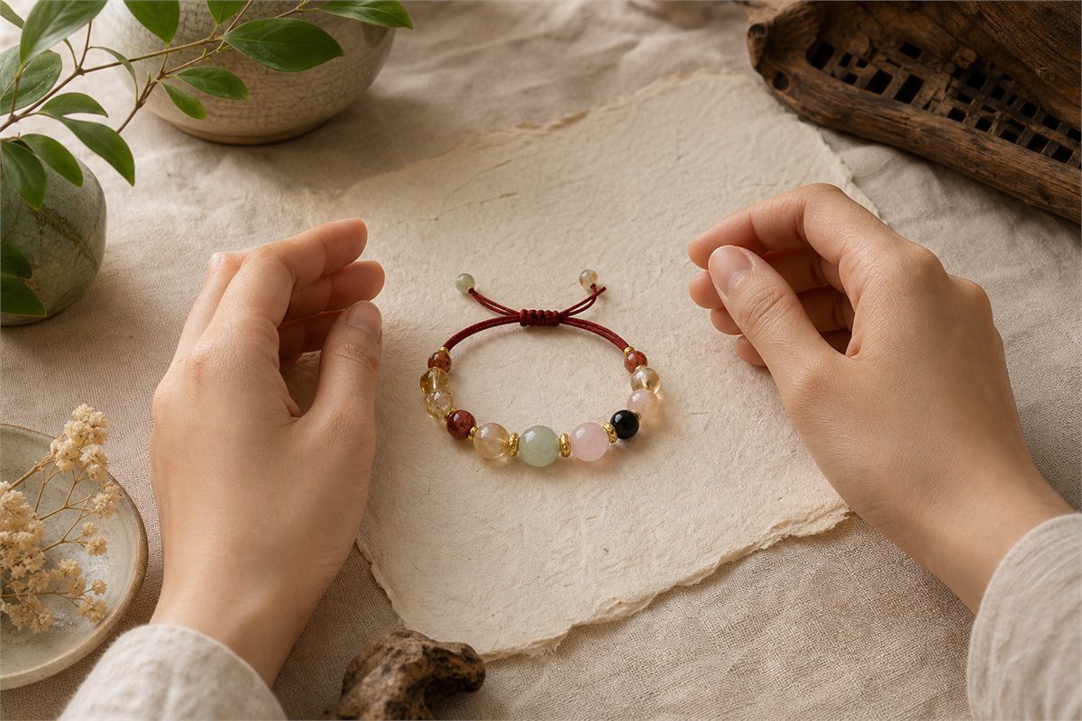 One good luck bracelet resting between two hands with symbolic beads and a soft red cord
