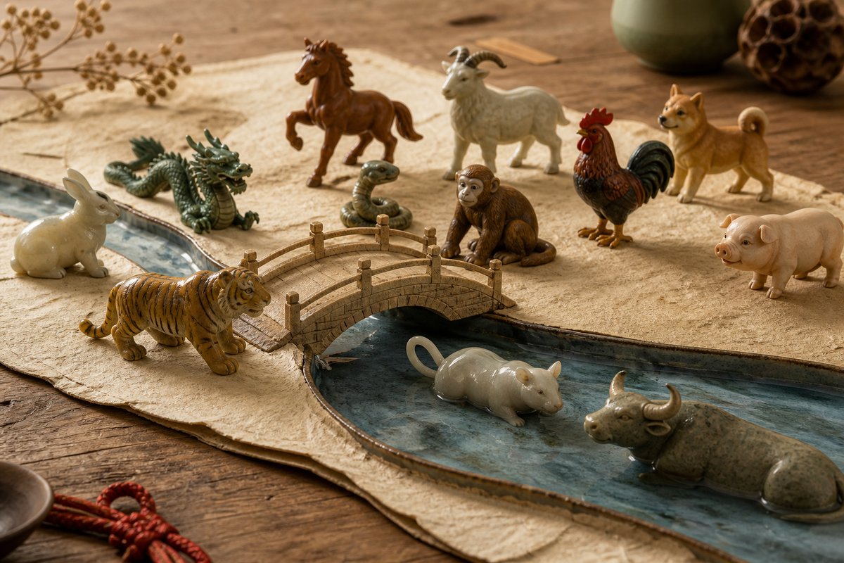 Small zodiac animal figurines near a paper bridge and water motif on warm handmade paper