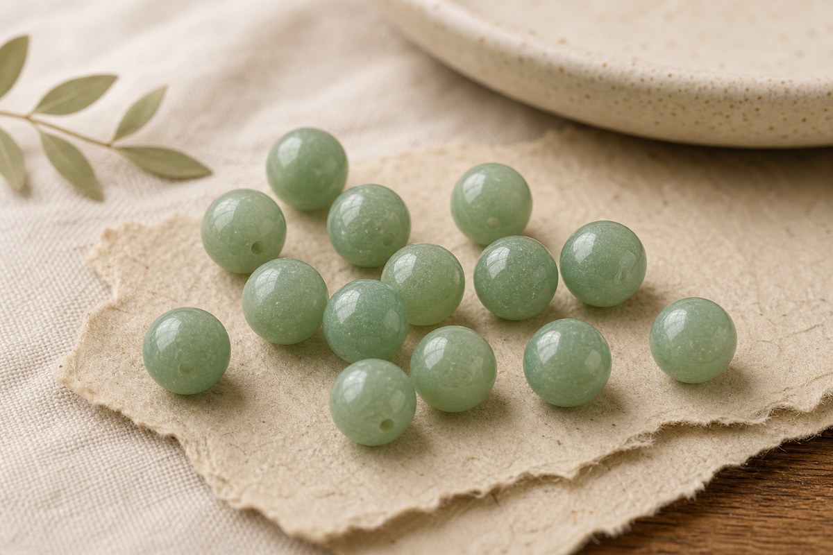 Green aventurine beads with subtle natural mineral flecks on cream linen