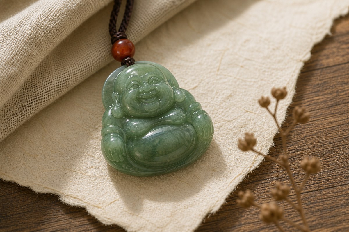Close view of a muted green jade Buddha pendant on cream linen and warm wood