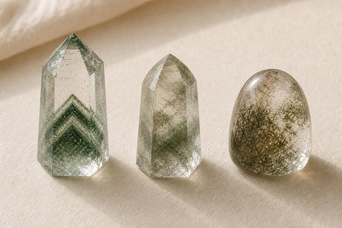 Separate quartz specimens showing green phantom, green ghost, and garden-like inclusions on ivory paper