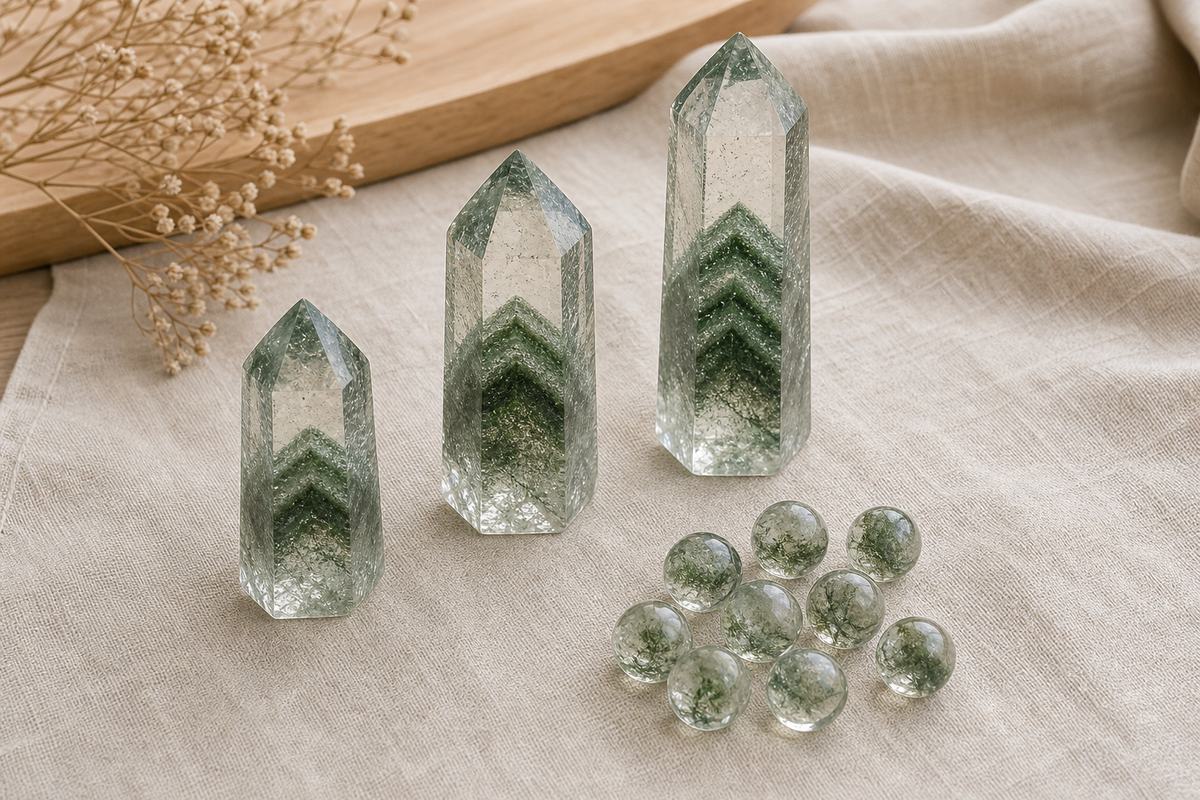 Green phantom quartz points and beads with moss-green internal layers on ivory linen and wood