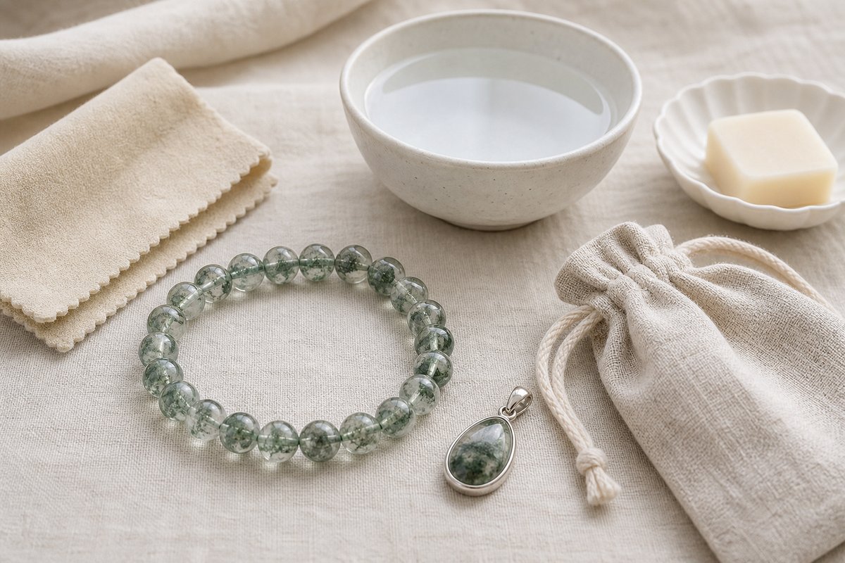 Green phantom quartz bracelet and pendant beside a soft cloth, mild soap dish, and fabric pouch
