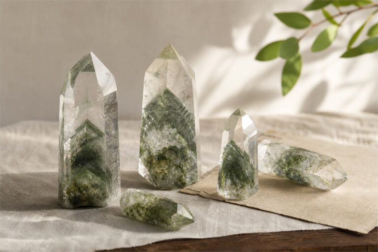 Transparent quartz points with natural green phantom layers arranged on warm ivory linen