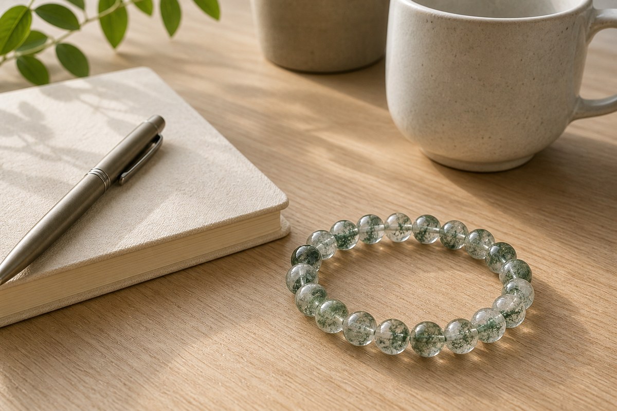 Green phantom quartz crystal and beads beside a small brass caliper on warm paper and wood