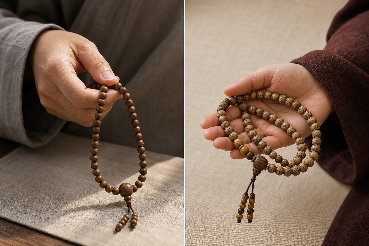 Two distinct respectful hand-use scenes showing a plain Chinese Buddhist mala and a Tibetan-style mala