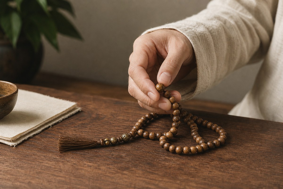 A person’s hand moving one wooden mala bead at a time in soft natural light