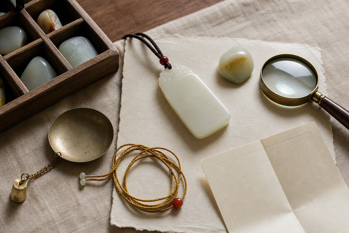 Hetian jade pendant, loose pebble, magnifying glass, cord, tray, and blank folded documentation