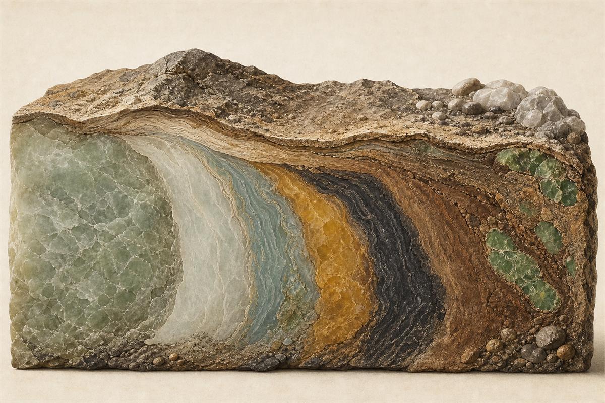 Text-free geological arrangement showing white, blue-green, yellow, black, sugar, and cuiqing nephrite color formation