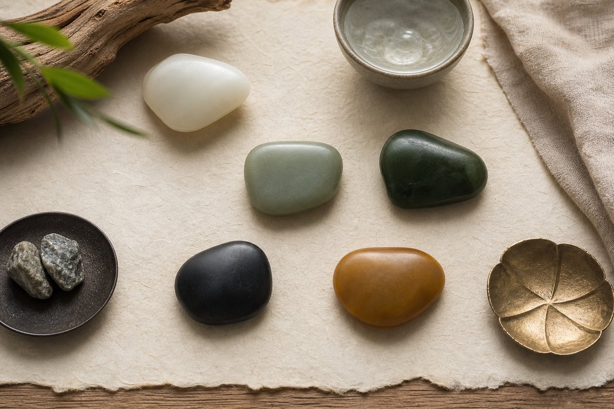 Restrained Hetian jade color samples with wood, ceramic, metal, water, and stone cues