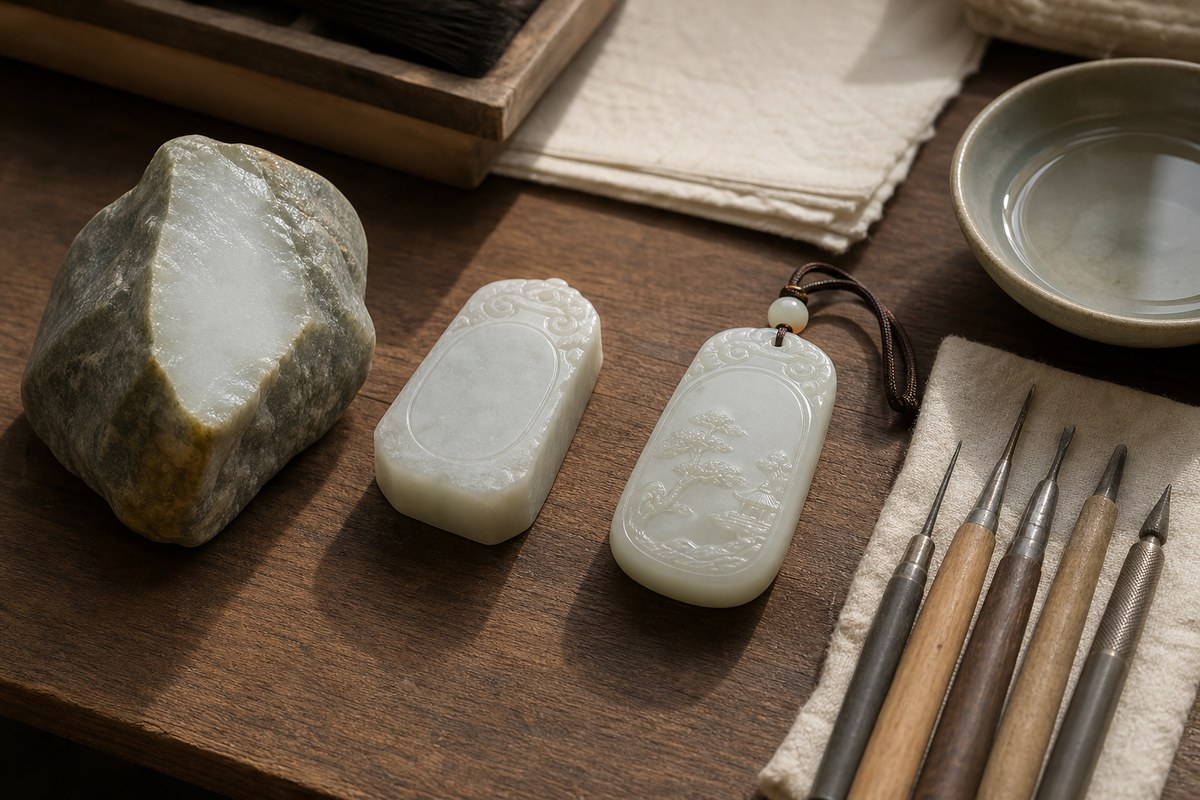Raw jade stone, pendant blank, finished jade pendant, carving tools, water dish, and cloth