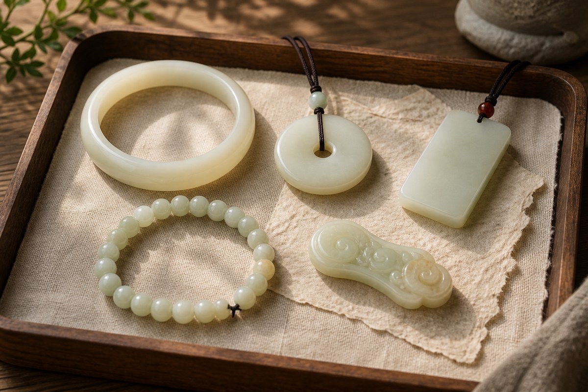 Hetian jade bangle, peace buckle, pendant tablet, bead bracelet, and small carved motif in a wooden tray